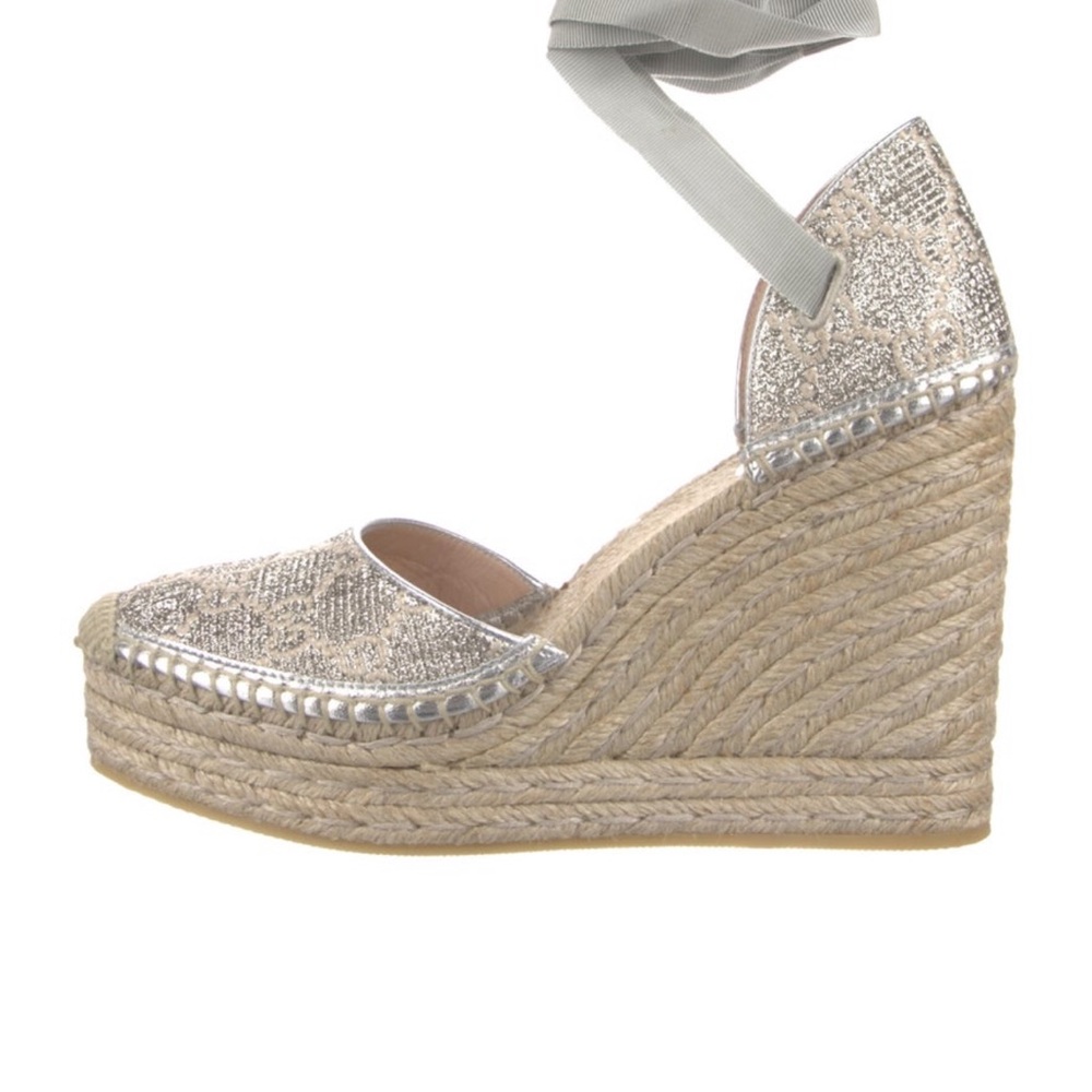 Gucci Silver Wedge Espadrilles with Ankle Strap